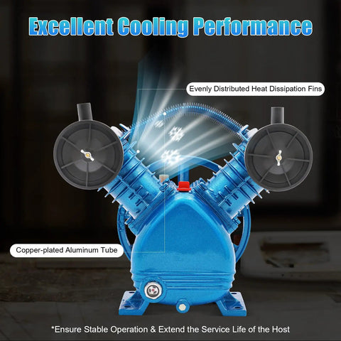 Heavy Duty 3HP Air Compressor Head Pump With Twin Cylinder Motor And Belt Drive. 115 PSI Discharge Pressure For Portable Tool Projects. Cast Iron Construction Ensures Durability And Smooth, Quiet Operation. Includes Two Air Filters And Silencers For Peak