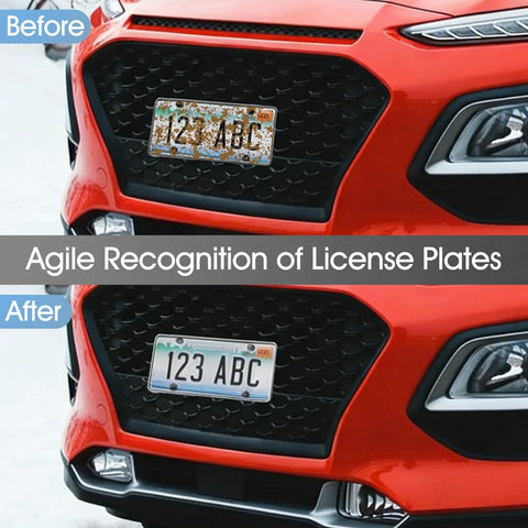 Before and after images showing a car with and without 2-Pack Clear License Plate Covers With Screws And Caps, 12.2 X 6.3 Inches, Universal Fit.