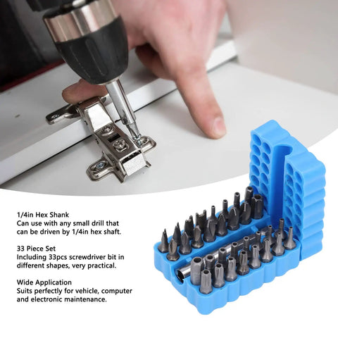 Top Pick For 33 Piece Security Screwdriver Bit Set With 1/4 Inch Hex Shank Featuring Torx Tr, Tri Wing, And Spanner Bits Made From Durable S2 Steel For All Your Gadget Repair Jobs. 33-piece bit set in blue holder for electronics repair