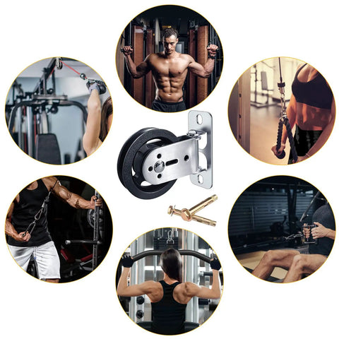 Wall Mounted Cable Pulley System With 180 Degree Rotation, Silent Gym Pulleys, shown in gym and workout scenes