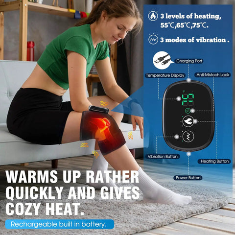 Woman using the All In One Heated Massager With Heat And Vibration For Knees Shoulders Elbows And More, showing heating settings.