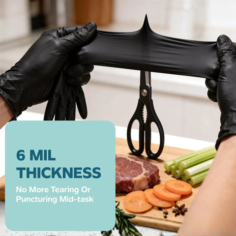 Solid Black Nitrile Gloves One Hundred Count Large Heavy Duty Powder Free Latex Free gripping food while cutting with scissors.