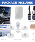 Windshield Chip Repair Kit 2 Pack With Fast Cure Resin For Bulls Eye Cracks and Star Shape Glass Fix contents display.