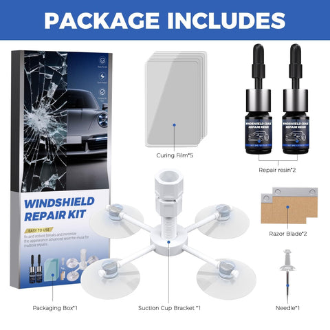 Windshield Chip Repair Kit 2 Pack With Fast Cure Resin For Bulls Eye Cracks and Star Shape Glass Fix contents display.