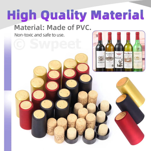 100 Piece PVC Heat Shrink Wine Bottle Capsule Kit With Black Plastic Tops In Killer Gold Black And Red Assortment displayed with corks.