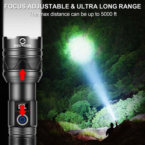 Person using Rechargeable High Lumen Flashlight With 100000 Lumens Hella Bright Long Range Beam Up To 5000 Ft USB C Fast Charge