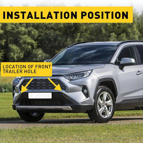 Toyota RAV4 Upper Front Bumper Tow Hook Eye Cover Cap Set For 2019 To 2023 LE Texture Black Left And Right Eye Cap Pair 52438 0R901 52437 0R901 Replacement Plug And Play installation guide on car
