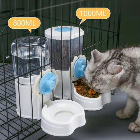 Hassle Free No Sweat Automatic Pet Water Dispenser And Food Feeder Combo with clear containers, cat eating from bowl in cage.