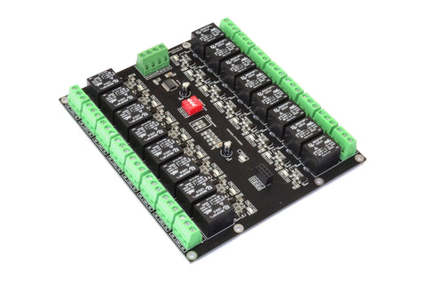 16 Channel I2C Relay Board With PCF8575 Expander For Arduino Raspberry Pi ESP32 3.3V and 5V, black board with green connectors