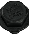 Close-up of Miter Saw Replacement Blade Bolt M8 16mm Hex Flange Bolt Built Tough 12.9 Grade Carbon Steel, top view.