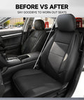 Before and after view of Custom Fit Front Seat Covers For Toyota RAV4 Camry Highlander Corolla Corolla Cross Prius Venza Avalon Faux Leather Bucket Seat Covers Two Pack Black And Gray Thick Foam Padding For Premium Comfort