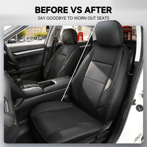 Before and after view of Custom Fit Front Seat Covers For Toyota RAV4 Camry Highlander Corolla Corolla Cross Prius Venza Avalon Faux Leather Bucket Seat Covers Two Pack Black And Gray Thick Foam Padding For Premium Comfort