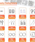 Jewelry findings in Ring Making Kit With Wire Wrapping Tools And Ring Sizers, includes jump rings, earring hooks, crimp beads, clasps.