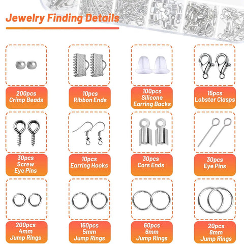 Jewelry findings in Ring Making Kit With Wire Wrapping Tools And Ring Sizers, includes jump rings, earring hooks, crimp beads, clasps.
