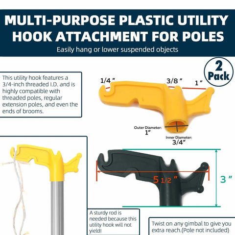 Image of Two Pack Multi Purpose Plastic Utility Hook Pole Attachment Featuring Three Sized Notches And A Bottom Puller for easy hanging.
