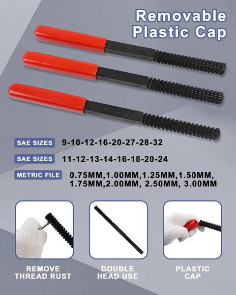 Close-up of three thread files with removable red plastic caps for the 51 Piece Thread Repair Kit With Taps, Dies, Files And Gauges For UNC, UNF And Metric Threads, Pro Grade Rethreading Set For Auto And Industrial Use, Includes 22 Taps, 24 Dies, 3 Thread Files, 2 Pitch Gauges.