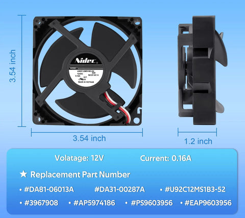 Upgraded OEM Beefed Up Refrigerator Evaporator Fan Motor With Sponge For Quiet Operation And Noise Reduction Replacement DA81-06013A DA31-00287A front and side view dimensions
