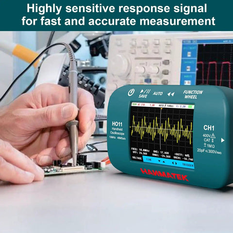 On The Go Handheld Digital Oscilloscope With 10MHz Bandwidth 48MSaS Sampling 2.8 Inch Color Display in use for waveform analysis