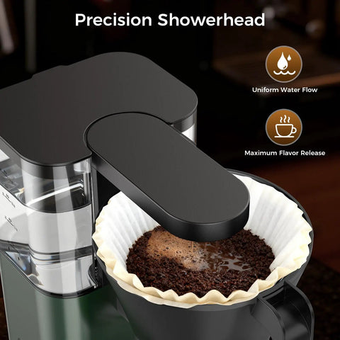 SCA Certified 8 Cup Drip Coffee Maker With 3 Second Instant Heat And Precise Temperature Control pouring over coffee grounds