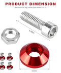 Fresh Red M6 Aluminum Motorcycle License Plate Bolts For Cars Trucks, Anti Theft Decorative Tag Screws, Slick Rad Frustum Mounts, Badass Ride Upgrade Kit, Set Of Four dimensions with red caps and silver screws