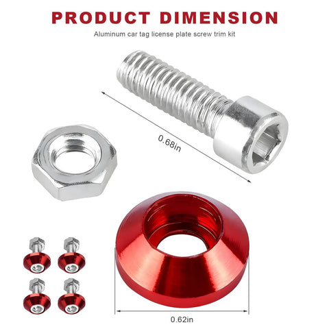 Fresh Red M6 Aluminum Motorcycle License Plate Bolts For Cars Trucks, Anti Theft Decorative Tag Screws, Slick Rad Frustum Mounts, Badass Ride Upgrade Kit, Set Of Four dimensions with red caps and silver screws