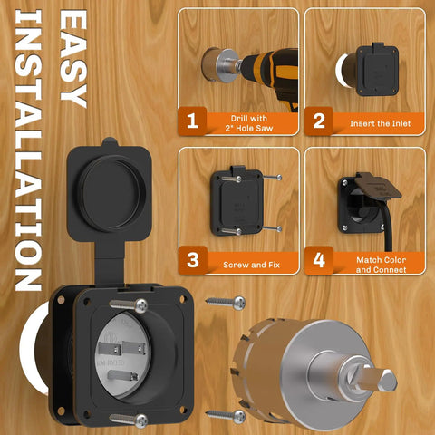 15 Amp Flanged Inlet NEMA 5-15 RV Shore Power Plug With Waterproof Back Cover installation process on wooden panel