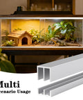 Reptile terrarium with wood house and plants, showing Complete Aluminum Sliding Door Track Kit With Two Upper Tracks And Two Lower Tracks