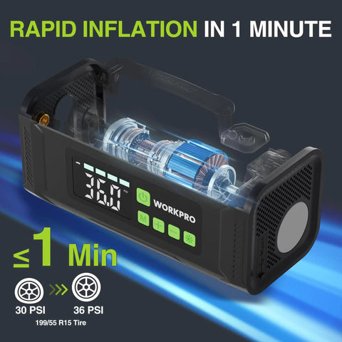 Workpro Portable Tire Inflator Air Compressor Cordless 12V DC Pump With Fast Inflation Speed For Cars Bikes Motorcycles And Sports Balls Dual Power Options Built In Digital Gauge Auto Shut Off Compact Design Essential For Roadside Emergencies And Daily