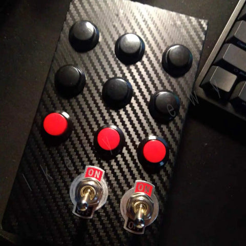 24Pcs 16Mm Momentary Push Button Switches 2 Pin Self Resetting Round On Off Assorted Red Green Yellow Blue White Black 3A 250V AC Mini Button Switch Kit installed on carbon fiber panel