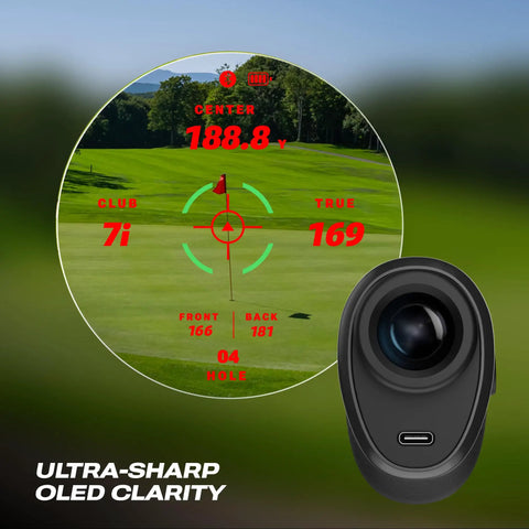 Display of Captain Pro Golf Rangefinder Slope And GPS Distances, 1200 Yard, OLED Display showing course details and club suggestion.