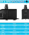Dimensions and specifications of 1600GPH Submersible Water Pump For Ponds And Aquariums With 100W Motor Easy Setup Waterfall Fountain Pump Kit