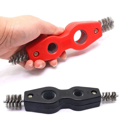 Two SWZHAI 4-in-1 copper pipe cleaners with red and black handles; built-in wire brushes for 1/2 and 3/4 in pipes.