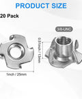20 Pack 3/8 Inch Thread Stainless Steel Tee Nuts With Killer Grip And Heavy Duty Build For Wood And Furniture Diy Projects Rock Solid Corrosion Resistant 4 Pronged threaded insert with dimensions shown.
