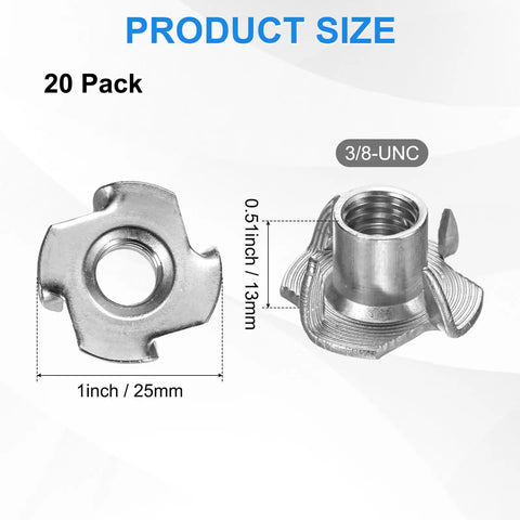 20 Pack 3/8 Inch Thread Stainless Steel Tee Nuts With Killer Grip And Heavy Duty Build For Wood And Furniture Diy Projects Rock Solid Corrosion Resistant 4 Pronged threaded insert with dimensions shown.