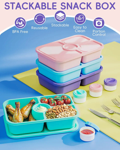 Stacked 4 Compartment Bento Snack Box With Lids 1100ml Capacity Stackable Lunch Containers For Meal Prep And Portion Control Includes Sauce Cups Great For Adults And Kids On The Go; colorful boxes feature food and sauce cups.