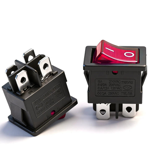5 Pack Mini Lighted Rocker Switches 110V 120V Illuminated Snap In DPST On Off Power Switches With 4 Pins Red LED Light For Household Appliances And Industrial Gear MXU1-4-201NR, rear and front view