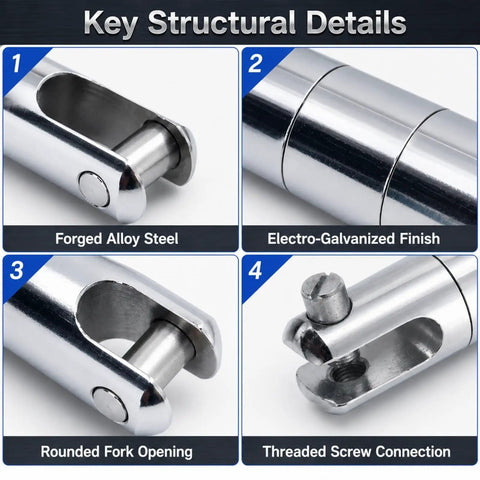 Key structural details of Heavy Duty 1 To 8 Ton Swivel Cable Puller With Bearing Links, showing forged alloy steel and electro-galvanized finish.