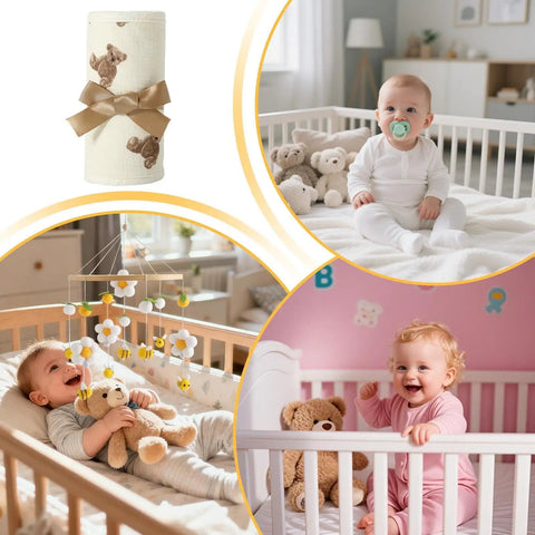 Breathable Cotton Gauze Bed Rail Teething Protector For Crib Sides with teddy bear print rolls with baby cribs