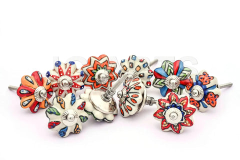Set Of Ten Totally Rad Vintage Ceramic Drawer Pulls And Cupboard Cabinet Door Knobs Featuring Super Sleek Multicolor Designs Plus Rock Solid Chrome Hardware on a white background.