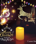 Festive setting with a votive candle, reindeer lights, and Christmas ornaments, showcasing the Bulk Set Of 10 Flameless Votive Candles With Remote And Timer.