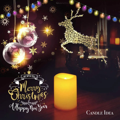 Festive setting with a votive candle, reindeer lights, and Christmas ornaments, showcasing the Bulk Set Of 10 Flameless Votive Candles With Remote And Timer.