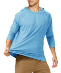 Man wearing blue UPF 50+ Long Sleeve Fishing Shirt For Men With Lightweight Sun Protection For Outdoor Hiking