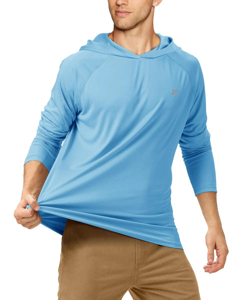 Man wearing blue UPF 50+ Long Sleeve Fishing Shirt For Men With Lightweight Sun Protection For Outdoor Hiking