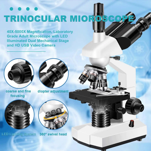 Trinocular Microscope For Adults 40X-5000X Magnification, Lab Grade With Dual Mechanical Stage And HD USB Camera, Electronic Eyepiece, Wide Angle Eyepieces, Ideal For Education, Research, And Digital Imaging showing 360° swivel head