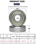 10 Pack 6200 ZZ Double Metal Seal Deep Groove Ball Bearings shown with dimensions and specifications
