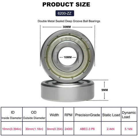 10 Pack 6200 ZZ Double Metal Seal Deep Groove Ball Bearings shown with dimensions and specifications
