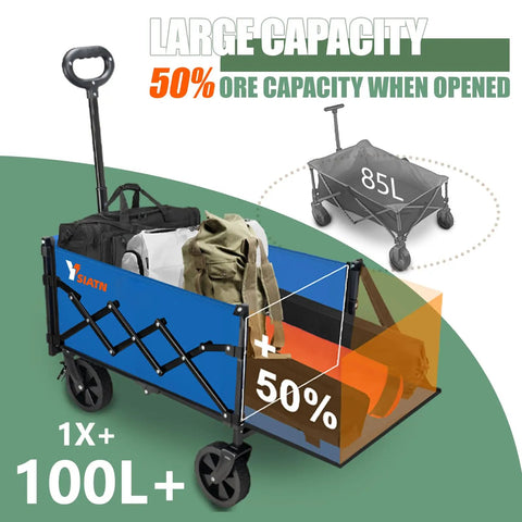 Collapsible Folding Wagon With Tailgate For 300lbs Heavy Duty Load showing 100L capacity and expanded tailgate in blue.