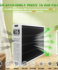 20x25x5 MERV 16 Activated Carbon Furnace Air Filter 2 Pack for clean indoor air shown in living room setting, filters air