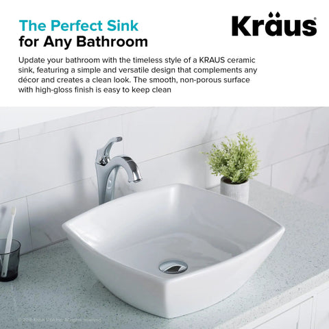 Elavo Square Vessel Sink In White Porcelain Ceramic For Bathrooms, 16.5 Inch, Easy Clean, No-Fuss Maintenance, Scratch-Resistant Glossy Finish, Installation-Ready Bathroom Basin KCV-126 installed on a countertop with faucet and decor.