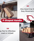 Heavy Duty Metal Hand Truck With 600 Pound Capacity And Ergonomic P Handle, shuffles boxes effortlessly outside.